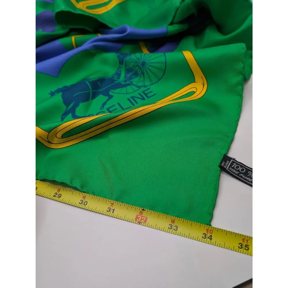 Auth Celine Paris 100% Silk Equestrian Horse Bit Scarf Green, Blue Yellow 34x34
